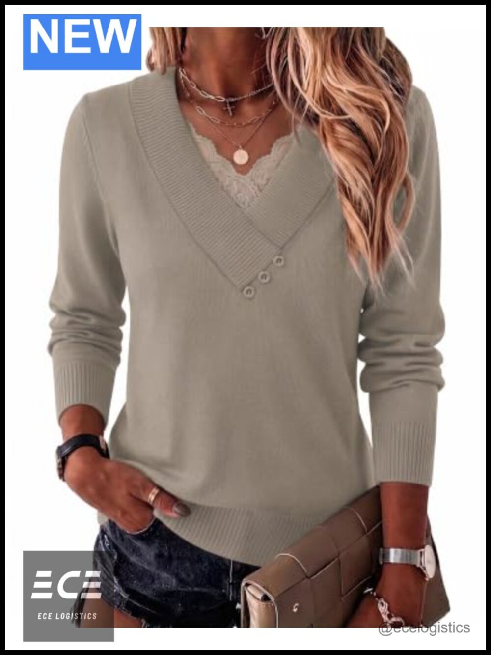 Wool Blend V-Neck Lace Pullover Sweater Long Sleeve Business Casual